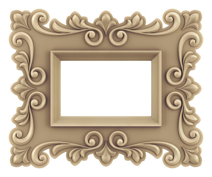 Vintage Artistic Picture Frame. An old-fashioned empty picture frame isolated on transparent background. 3D rendering graphics.