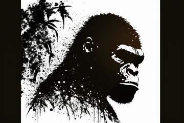 Gorilla silhouette illustration, black and white. Generative AI
