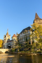Vertical shot of a pond and a bridge connecting to the Vajdahunyad castle in Budapest