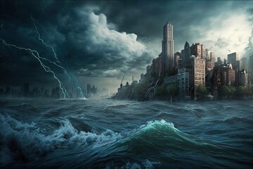 Illustration of city destroyed and flooded by sea water, concept of apocalypse, end of the world. Generative AI