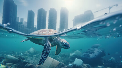 Turtle in polluted water. Ecological concept, pollution problem. Based on Generative AI