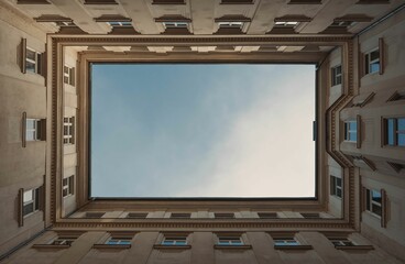 Sky view from the inner court of the Piarist centre, Budapest, Hungary