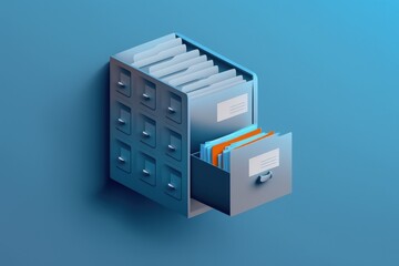 Blue file cabinet illustration, file storage concept, blue background. Generative AI