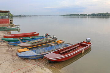 Fototapeta na wymiar Long River Boats Danube