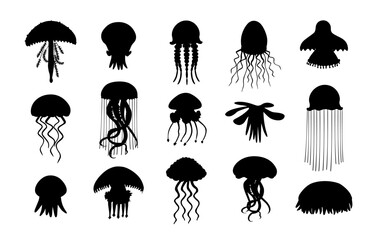 Set black jellyfish icons. Pretty jellyfish different silhouette on white background. For festive card, logo, children, pattern, tattoo, decorative, creative concept. Cartoon vector illustration