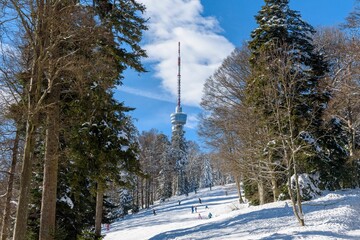 Fototapeta premium Scenic view of a TV tower seen from a ski slope near Zagreb in Croatia