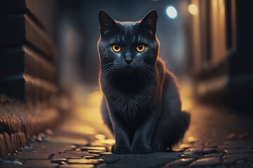 A beautiful black cat on a street at night time generated by AI