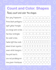How many geometry shapes count and color game for kids forms and colors topical vocabulary vector illustration, educational puzzle, printable worksheet for leisure or study game, teachers resources