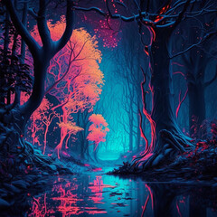 forest and flowers at night full of colors made with Generative AI