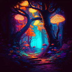 forest and flowers at night full of colors made with Generative AI