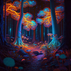 forest and flowers at night full of colors made with Generative AI