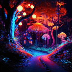forest and flowers at night full of colors made with Generative AI