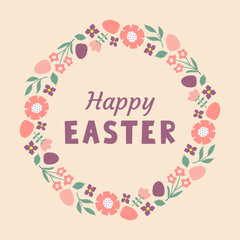 Easter card with colorful frame with cutout branches, flowers and easter eggs. Template for greeting card, invitation, poster, social media