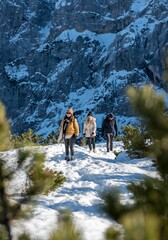 Vertical shot of a group of friends hiking on a snowy path in the Julian alps in Slovenia.