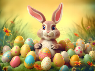 Easter bunny illustration sitting in a bunch of eggs