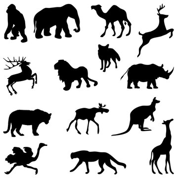 Set of black silhouette wild forest steppe animals.