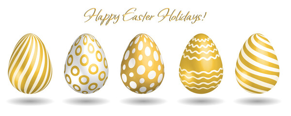 Collection of realistic golden vector Easter decorated eggs, traditional symbol of religious Eater Holiday, group of decorative objects.
