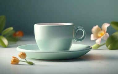 Fototapeta premium Mint pastel coffee cup matcha tea on a background of flowers minimalism asian Generative ai 