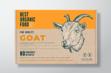 Organic Goat Meat. Vector Food Packaging Label Design on a Craft Cardboard Box Container Modern Typography and Hand Drawn Domestic Animal Head Background Layout