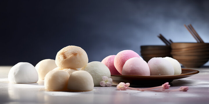 Soft focus on multi-colored mochi ice cream on a dark backdrop with wooden utensils and a tea bowl.