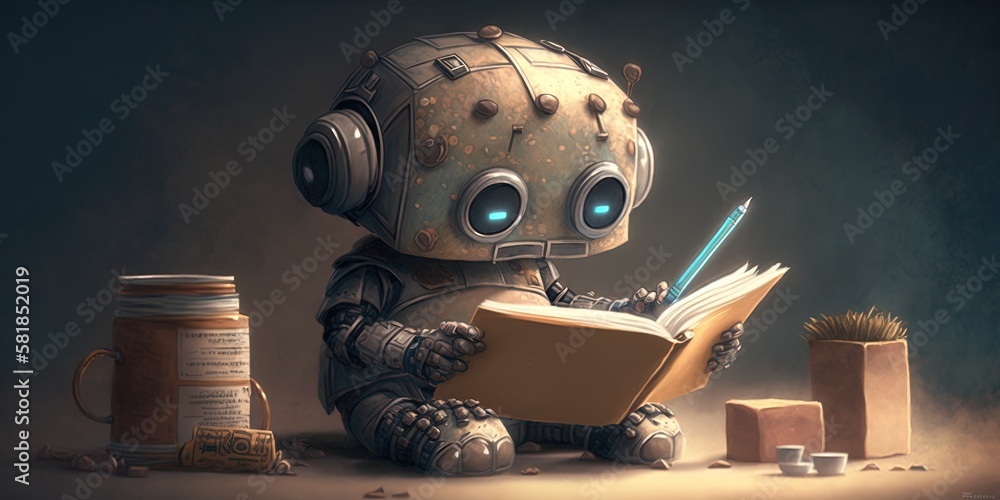 Poster cute robot reading assignment doodle for pbs generative ai