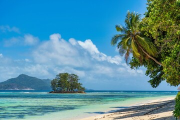 Beautiful tropical landscape with palm trees on sandy beach and turquoise sea