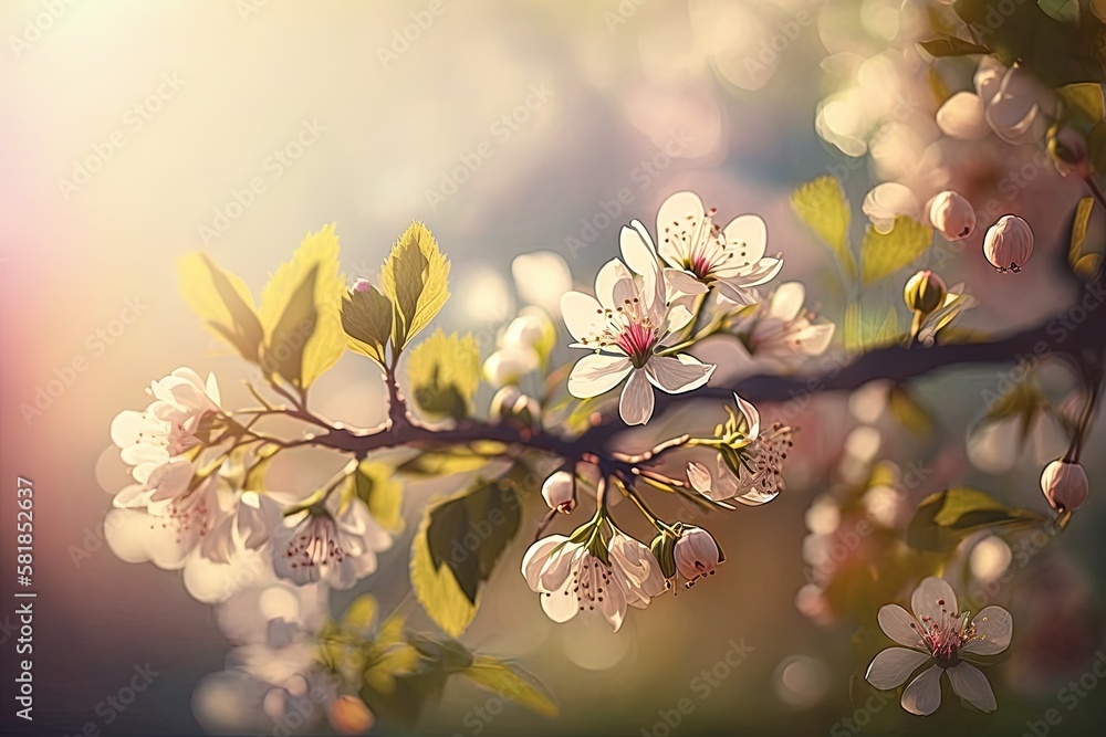 Poster hazy backdrop with a single blossoming cherry tree in the spring generative ai