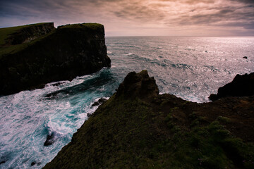 Amazing west coast of Iceland, Island, Valahnúkamöl, during sunset, landscape with sea, ocean,...
