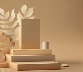 Beautiful Big Leaves Beige Beauty Product Display With Copy Space Generative AI