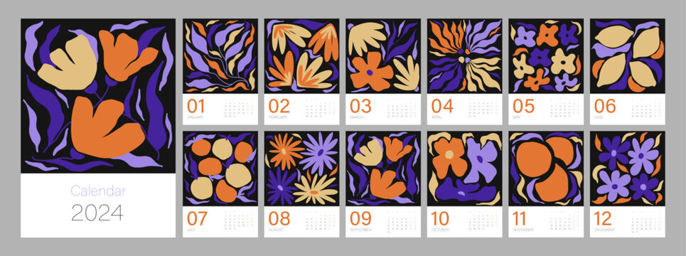 Floral calendar template for 2024. Vertical design with bright colorful flowers and leaves. Editable illustration page template A4, A3, set of 12 months with cover. Vector mesh. Week starts on Monday.