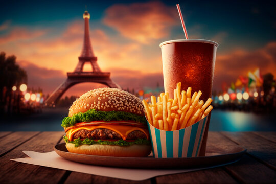 Fast food delicious burger french fries and soft 