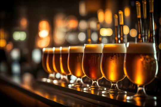 Beers in a Row on Bar Counter: AI Generated Image