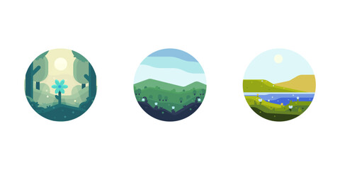 Spring mini nature scenes in round frame. Vector spring illustration icons. 3 Different spring scenes