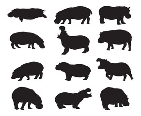 Hippopotamus silhouette vector illustration set.