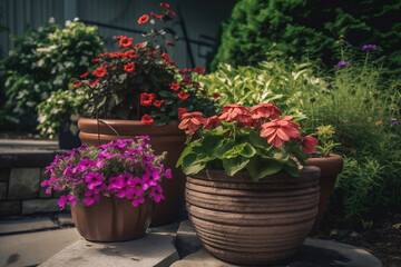 Fototapeta na wymiar flowers in pots in the garden