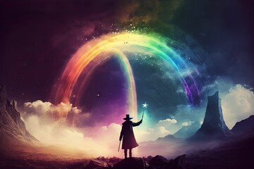 Fototapeta premium a man with a wand and rainbow in the sky above