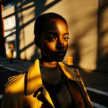 A Young Woman In An Urban Setting Wearing A Yellow Jacket And Black Turtle Neck Shirt