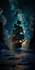Pirate ship at night, astrophotography style. AI generated illustration