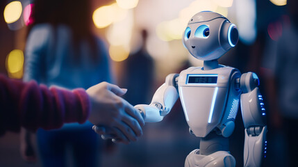 Close up.person and robot ai shaking hands.collaboration and friendship or partner support together.happy and successful.Generative ai