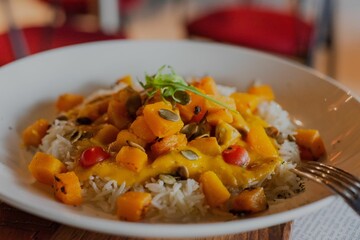 Closeup of Butternut squash with rice in a bowl