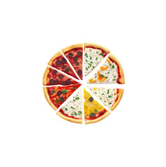 Round assorted pizza cut into triangular pieces with different toppings. Vector illustration of pizza with sausage slices, olives, onions, mushrooms, tomatoes, peppers and cheese