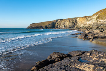 Trebarwith Strand Beach in Cornwall at low tide