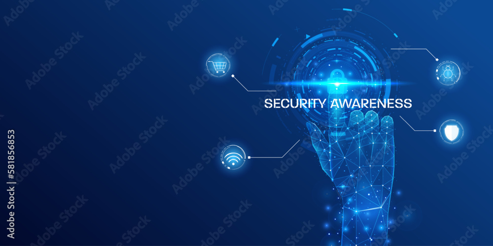 Poster Cyber security of futuristic low poly wireframe hand pressing hud ui circle protection system concept. Future technology online shopping, shield, padlock, wifi protection vector background.