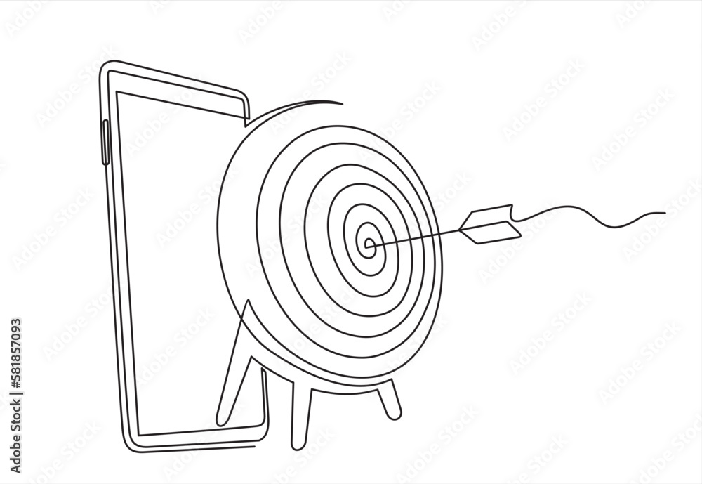 Aufkleber single continuous line drawing smartphone and arrow hitting target mark. arrow exactly into goal of 