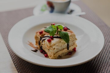 Closeup of Tiramisu on a white plate a cup of coffee blurred background