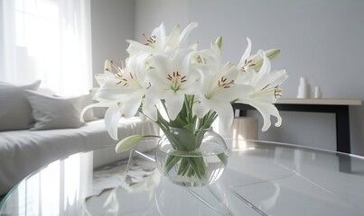 Bouquet of white lilies on the table in a vase light interior flowers white minimalism Generative ai