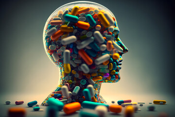 Man overflowing with drugs, pills, pharmaceuticals in the form of a glass jar silhouette. The concept of a constant need for drugs, overdose, stuffed. Generative AI - obrazy, fototapety, plakaty