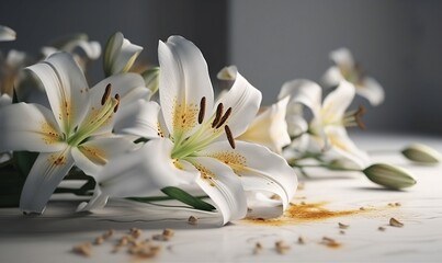 Flowers bouquet of white lilies  close up on white background Generative ai