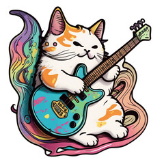 Cat with electric guitar sticker, colorfull. transparent background. Generative ai