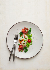 poached egg, with bacon and vegetables, breakfast, homemade,